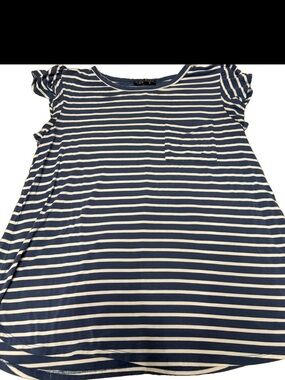 Navy and White Striped Short Sleeve Pocket Blouse with flutter sleeves medium